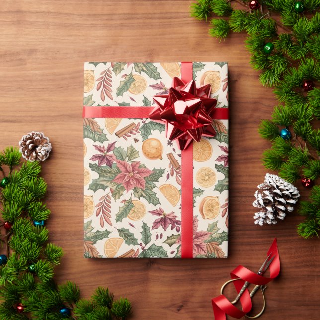 Blumenmuster mit Holly und Orangen Geschenkpapier (Feiertagsgeschenk)
