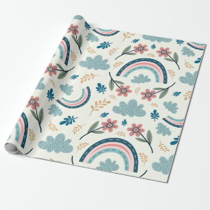 Blumenmuster mit Regenbogen- und Wolkenformen Geschenkpapier