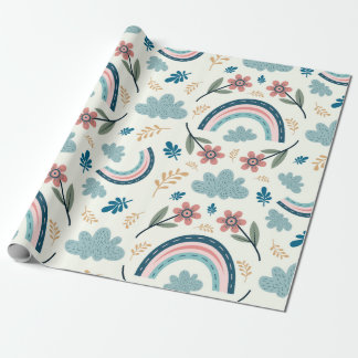 Blumenmuster mit Regenbogen- und Wolkenformen Geschenkpapier