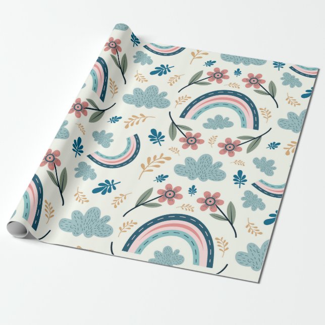 Blumenmuster mit Regenbogen- und Wolkenformen  Geschenkpapier (Ungerollt)