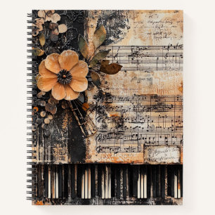 Blumenmuster mit rustikalen Klaviertasten und eine Notizbuch