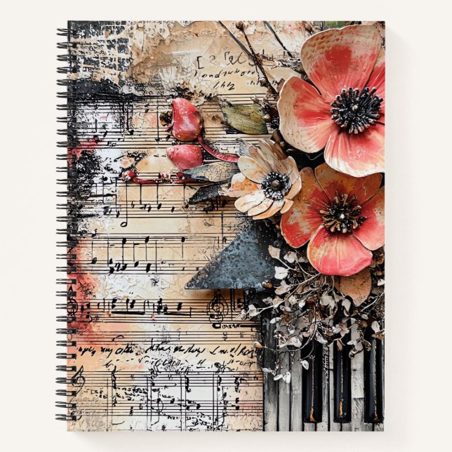 Blumenmuster mit rustikalen Klaviertasten und eine Notizbuch (Vorderseite)