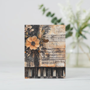 Blumenmuster mit rustikalen Klaviertasten und eine Postkarte
