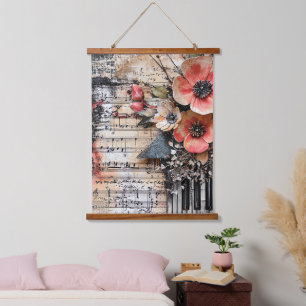 Blumenmuster mit rustikalen Klaviertasten und eine Wandteppich Mit Holzrahmen