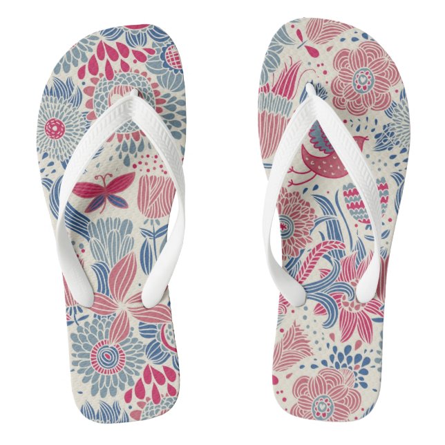 Blumenmuster mit Vogel und Schmetterling Flip Flops (Fußbett)