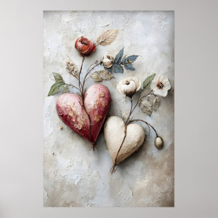 Blumenmuster mit zwei Herzen, Valentinstag Romanti Poster