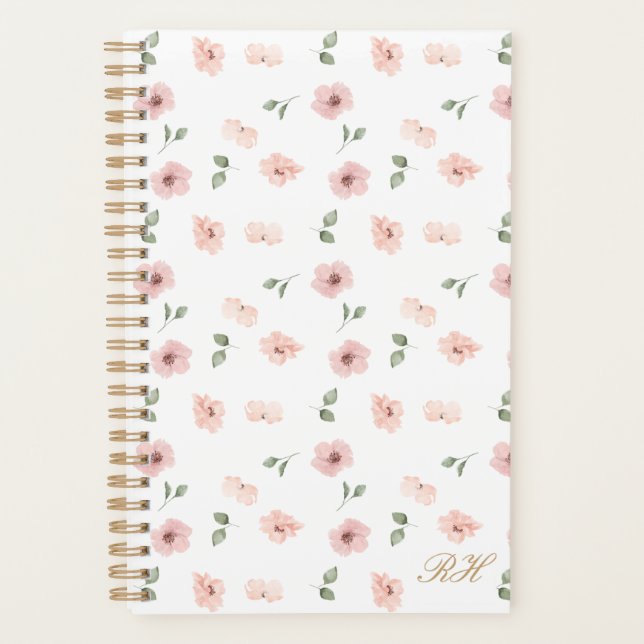 Blumenmuster Monogramm Anfangsbuchstaben Blush Planer (Vorderseite)