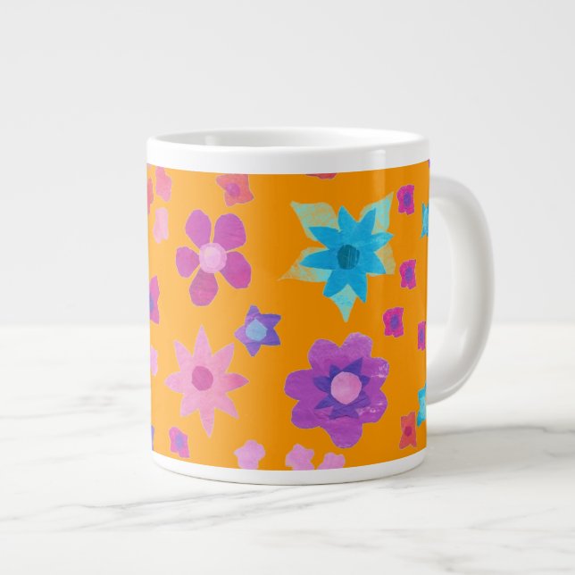 Blumenmuster, Multicolor auf hellen Orangen Jumbo-Tasse (Vorderseite Rechts)