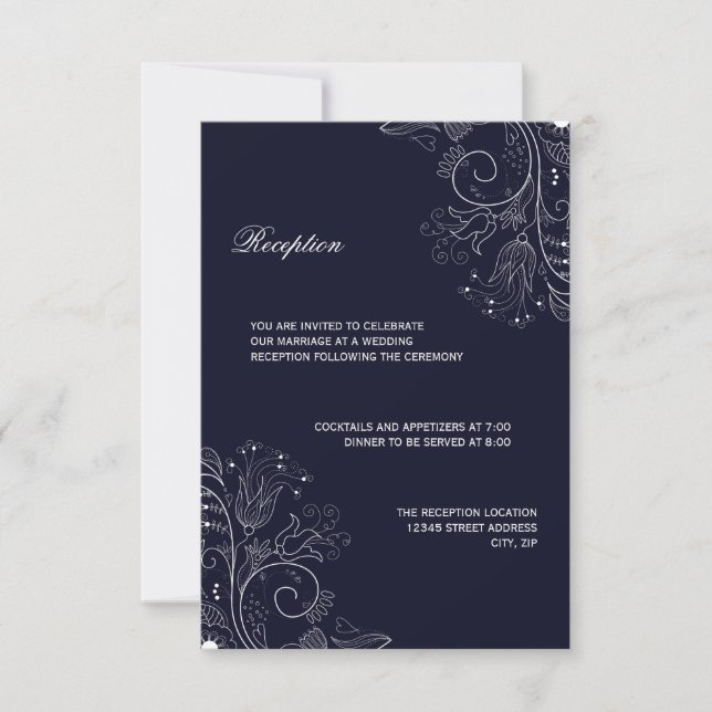 Blumenmuster Navy/White - Empfang Einladung (Vorderseite)
