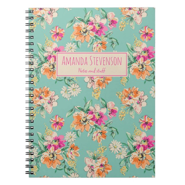 Blumenmuster-Notebook in Rosa und Orange Notizblock (Vorderseite)