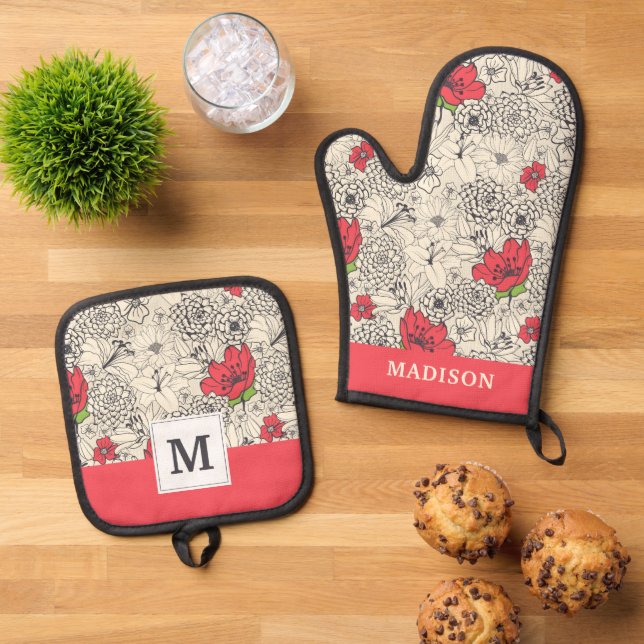 Blumenmuster Ofenhandschuh & Topflappen-Set (Oben Unten)