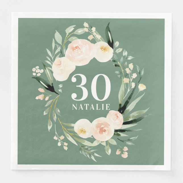 Blumenmuster Peach Aquarell 30. Geburtstag Party D Serviette (Vorderseite)