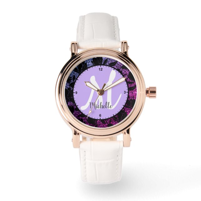 Blumenmuster Rahmen Eleganter Mit Monogramm Name Armbanduhr (Vorderseite)