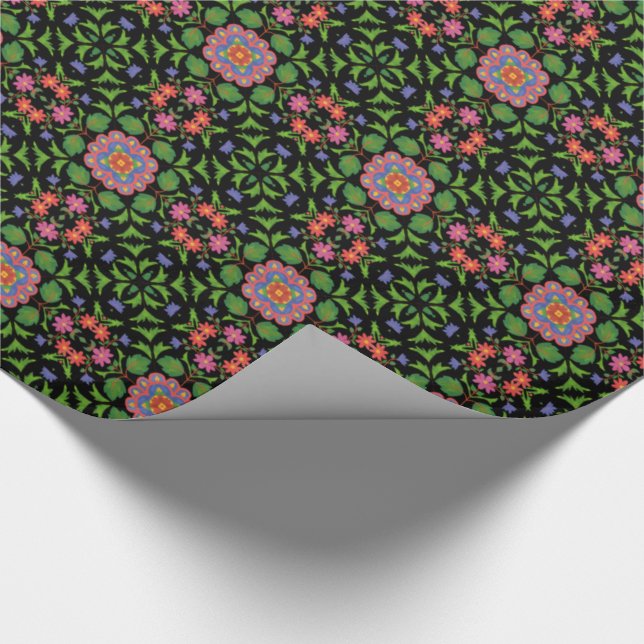 Blumenmuster Rangoli, schwarzes Papier Geschenkpapier (Ecke)