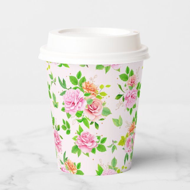 Blumenmuster-Rose-Blume mit Muster für grüne Blätt Pappbecher (Vorderseite)