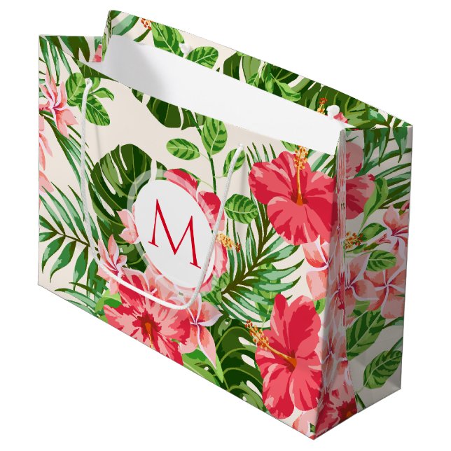Blumenmuster Roter Hibiskus Monogram L Gift Bag Große Geschenktüte (Vorderseite Schrägansicht)