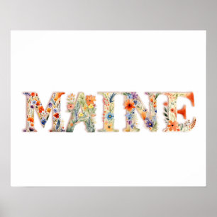Blumenmuster Schriftart Staat Art Print (Maine) Poster