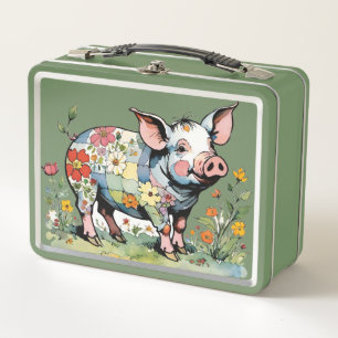 Blumenmuster Schweinchen mit Wildblumen Metall Brotdose