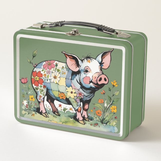 Blumenmuster Schweinchen mit Wildblumen Metall Brotdose (Vorderseite)