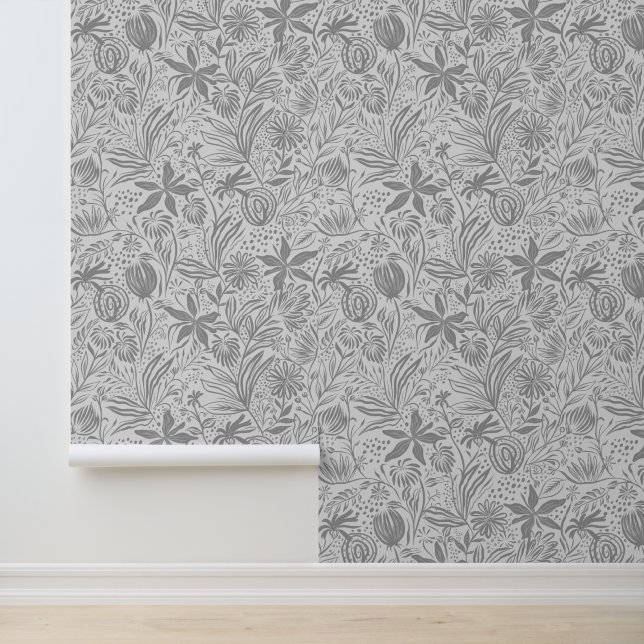 Blumenmuster Silber-Schattierungen von Grau Print Tapete (Anwendung)