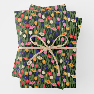 Blumenmuster Tulpen Grüne Stiele Blumen  Geschenkpapier Set