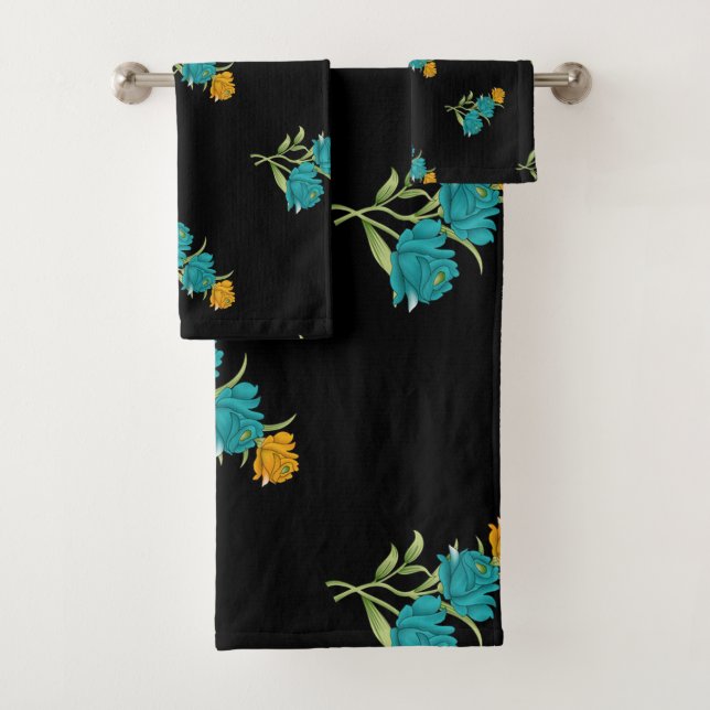 Blumenmuster Türkis Korallengrün auf schwarz Badhandtuch Set (Insitu)