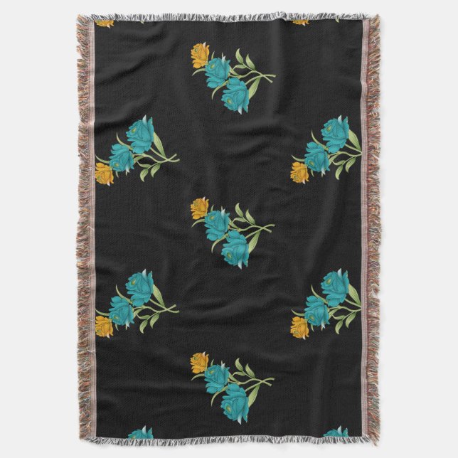 Blumenmuster Türkis Korallengrün auf schwarz Decke (Vorderseite Vertikal)