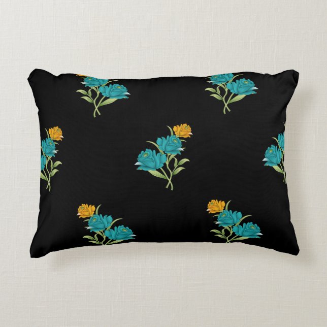Blumenmuster Türkis Korallengrün auf schwarz Dekokissen (Vorderseite)
