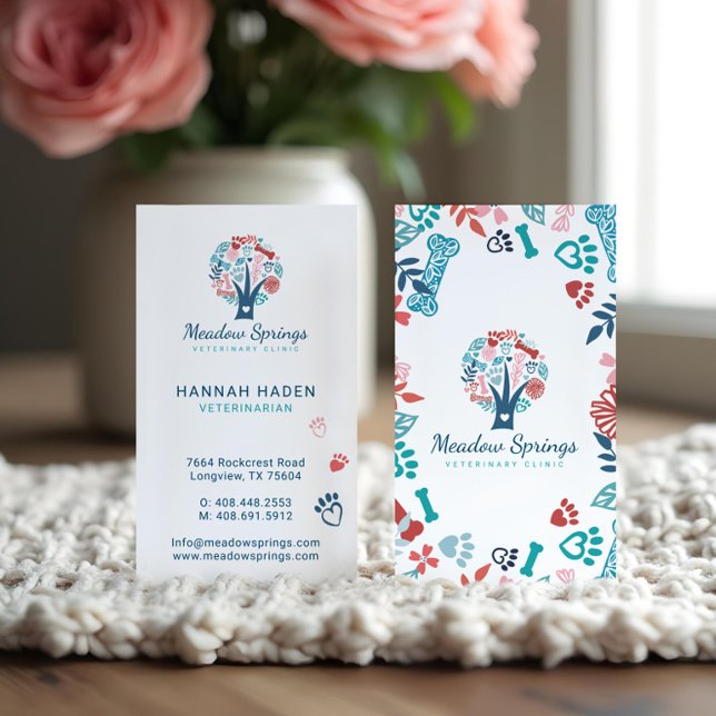 Blumenmuster und Foliage Pet Pet Druckmuster Baums Visitenkarte (Floral & Foliage Pet Paw Print Pattern Tree White Business Card)
