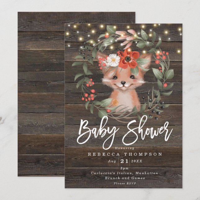 Blumenmuster und niedliche Fuchs-Boho moderne Baby Einladung (Vorne/Hinten)