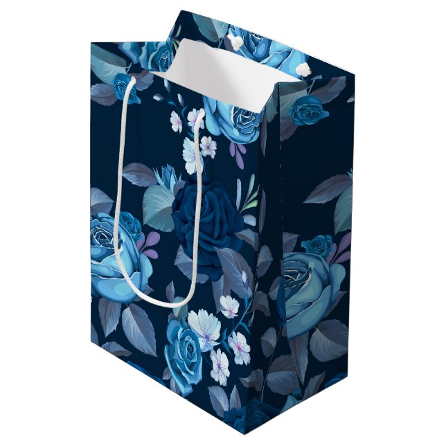 Blumenmuster Vintag blaue Rose Mittlere Geschenktüte (Vorderseite Schrägansicht)