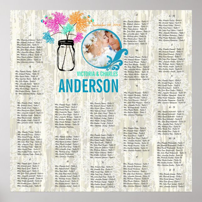 Blumenmuster Vintag Modern Mason JAR Sitzkarte Poster (Vorne)