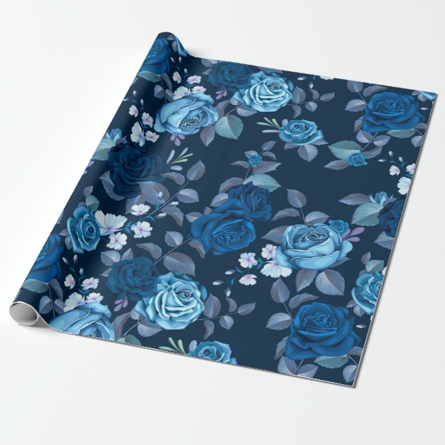 Blumenmuster Vintage blaue Rose Geschenkpapier (Ungerollt)