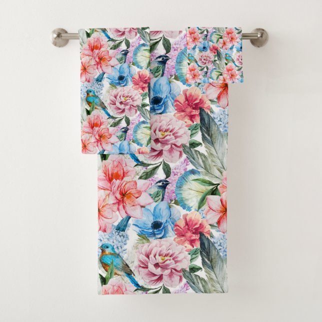 Blumenmuster Vögel Folies Blume Grün Blau Badhandtuch Set (Insitu)