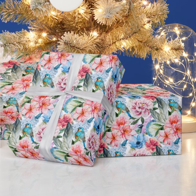 Blumenmuster Vögel Folies Blume Grün Blau Geschenkpapier (Feiertage)