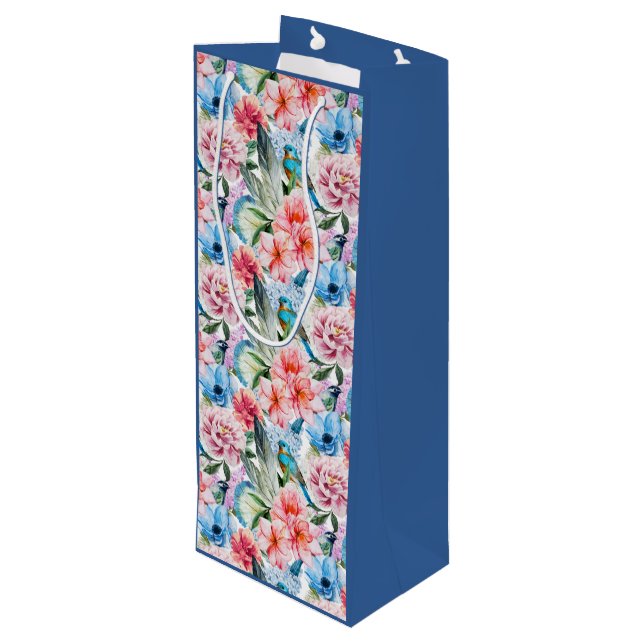 Blumenmuster Vögel Folies Blume Grün Blau Geschenktüte Für Weinflaschen (Rückseite Schrägansicht)