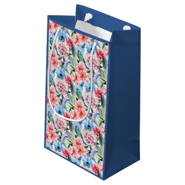 Blumenmuster Vögel Folies Blume Grün Blau Kleine Geschenktüte (Rückseite Schrägansicht)