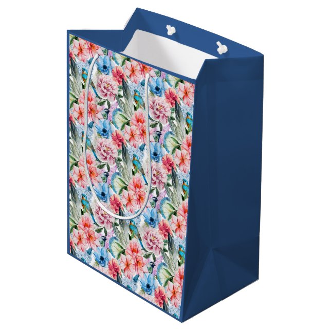 Blumenmuster Vögel Folies Blume Grün Blau Mittlere Geschenktüte (Rückseite Schrägansicht)