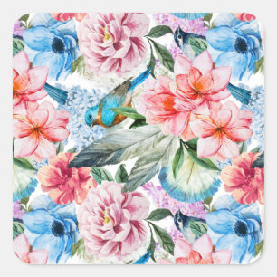 Blumenmuster Vögel Folies Blume Grün Blau Quadratischer Aufkleber