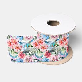 Blumenmuster Vögel Folies Blume Grün Blau Satinband