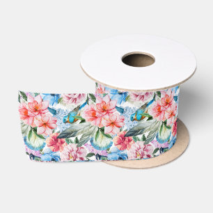 Blumenmuster Vögel Folies Blume Grün Blau Satinband
