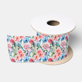 Blumenmuster Vögel Folies Blume Grün Blau Satinband