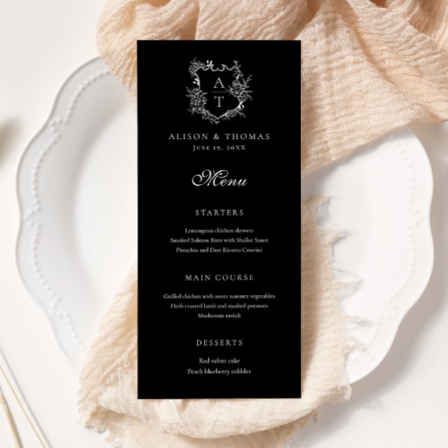 Blumenmuster-Wappen-Monogramm-Hochzeitmenü Menükarte (Von Creator hochgeladen)