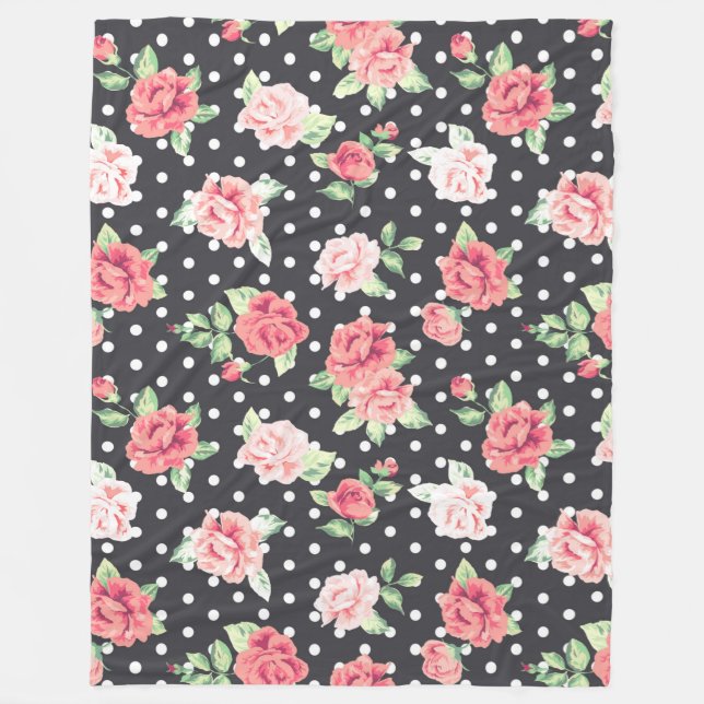 Blumenmuster Weißpolka-Punkt auf schwarzem Hinterg Fleecedecke (Vorderseite)