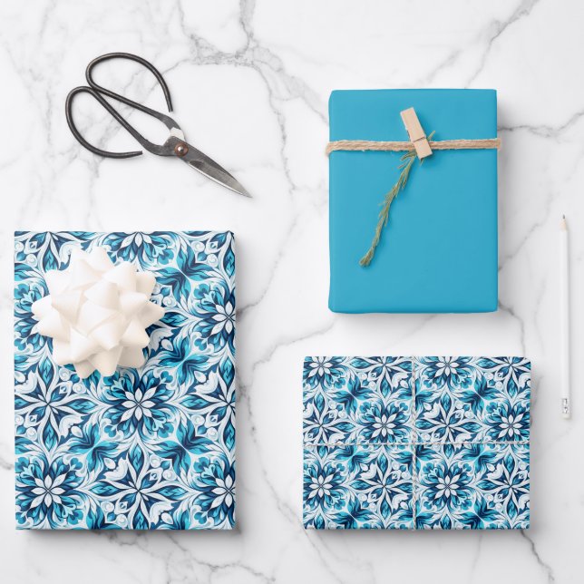 Blumenmuster wirbeln - in blau geschenkpapier set (Vorderseite)