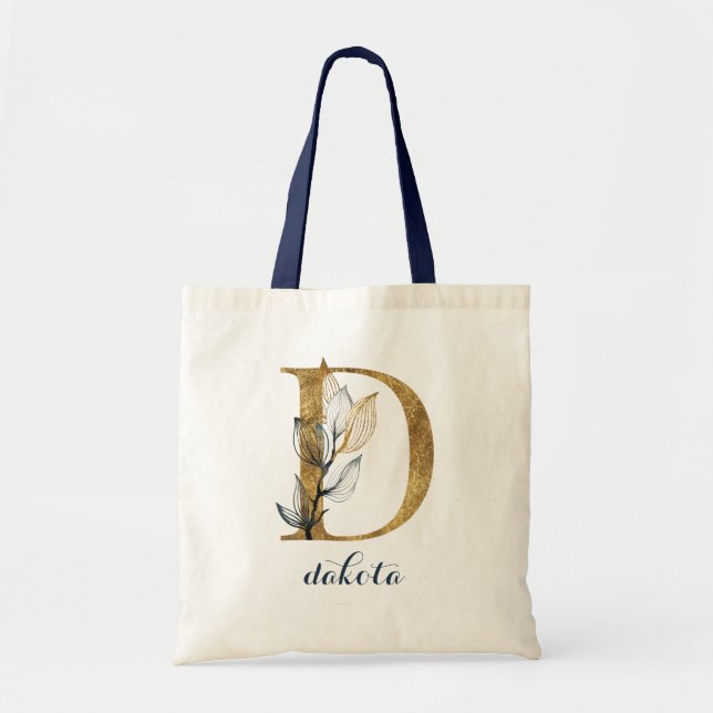 Blumennagel Blue Gold Leaf Monogram Letter "D" Tragetasche (Vorne)
