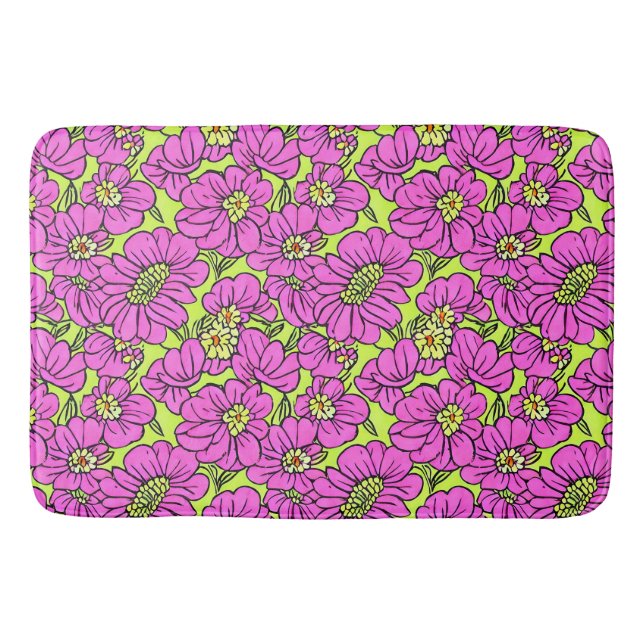 Blumenneon Pink und Gelbes Muster Badematte (Vorderseite)