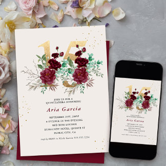 Blumennummer 15 Burgunder Rot und Gold Quinceanera Einladung