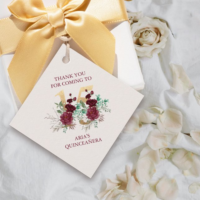 Blumennummer 15 Elfenbeinburgund Gold Quinceanera Geschenkanhänger (15th birthday thank you favor tag from my Royal Roses collection)