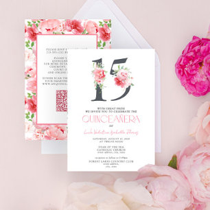 Blumennummer 15 Rosa Elegant QR Quinceañera Einladung